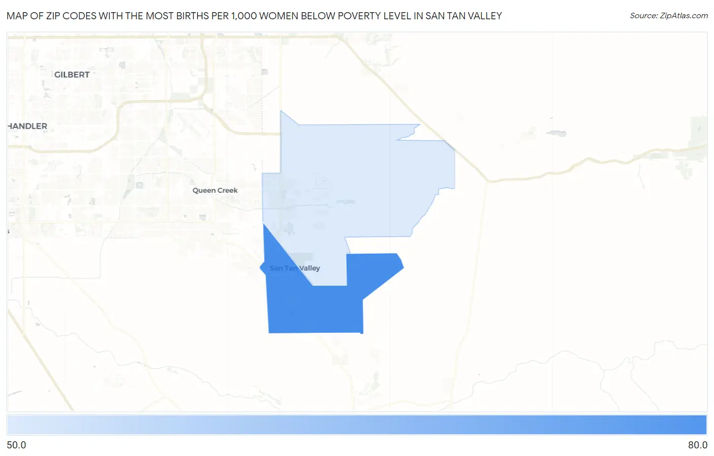 Zip Codes with the Most Births per 1,000 Women Below Poverty Level in San Tan Valley Map