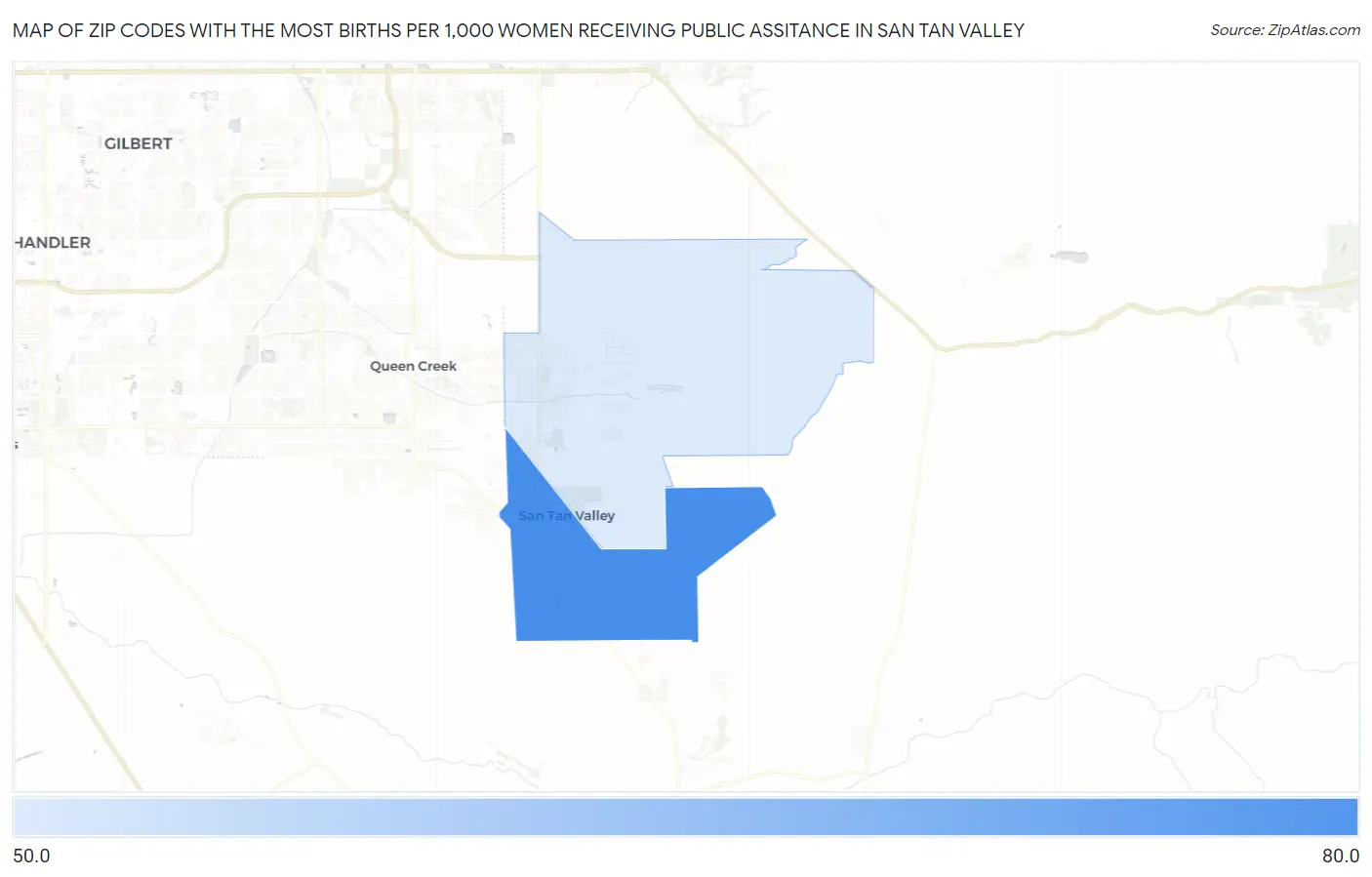 Zip Codes with the Most Births per 1,000 Women Receiving Public Assitance in San Tan Valley Map