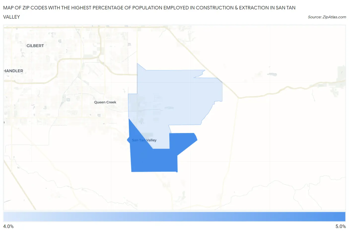Zip Codes with the Highest Percentage of Population Employed in Construction & Extraction in San Tan Valley Map