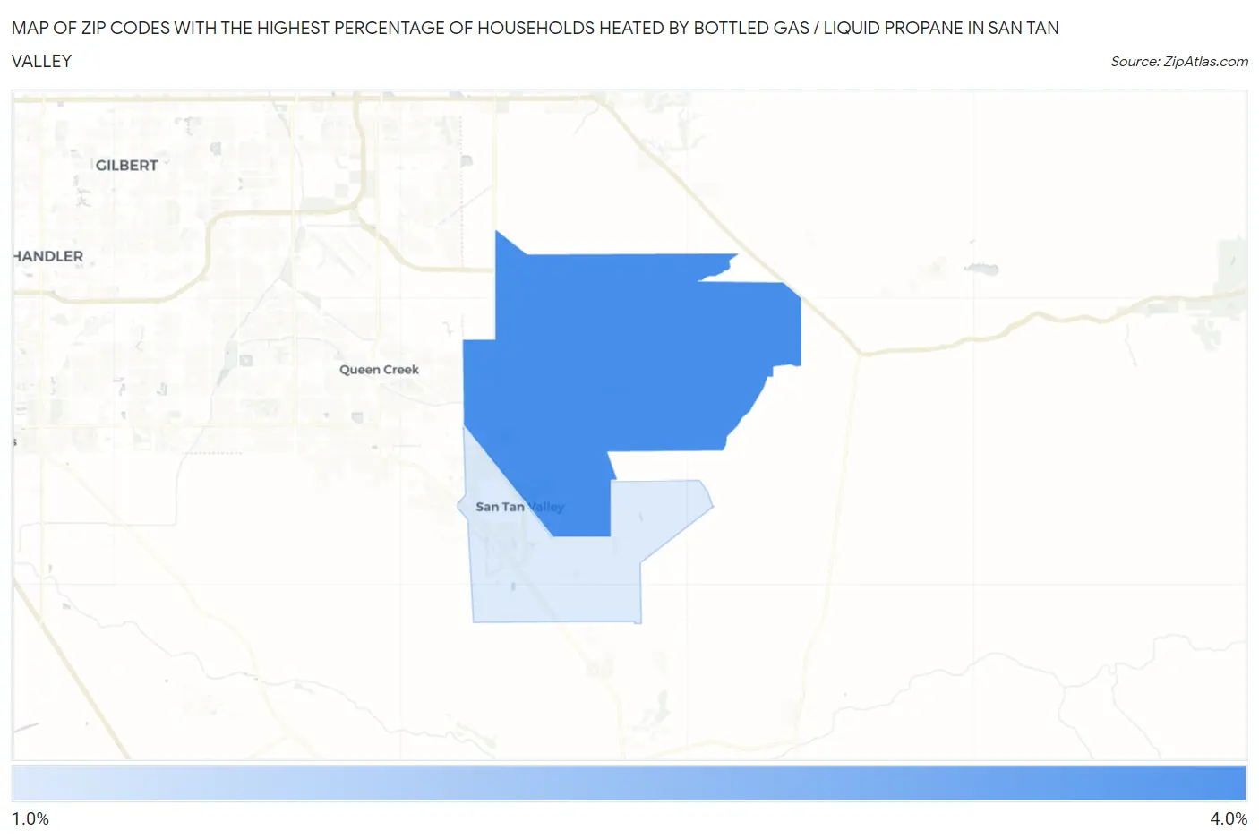 Zip Codes with the Highest Percentage of Households Heated by Bottled Gas / Liquid Propane in San Tan Valley Map