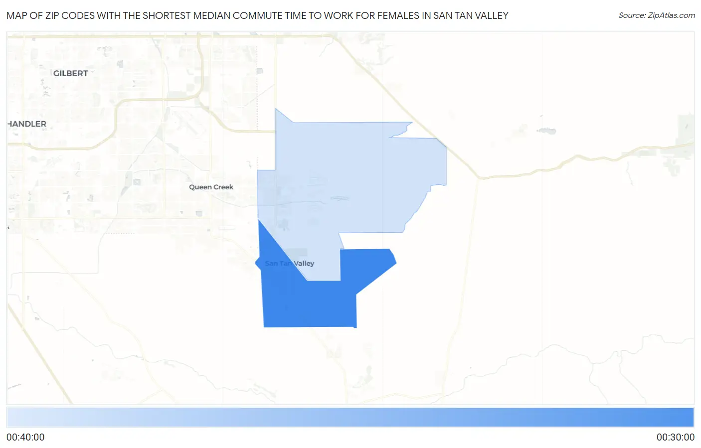 Zip Codes with the Shortest Median Commute Time to Work for Females in San Tan Valley Map
