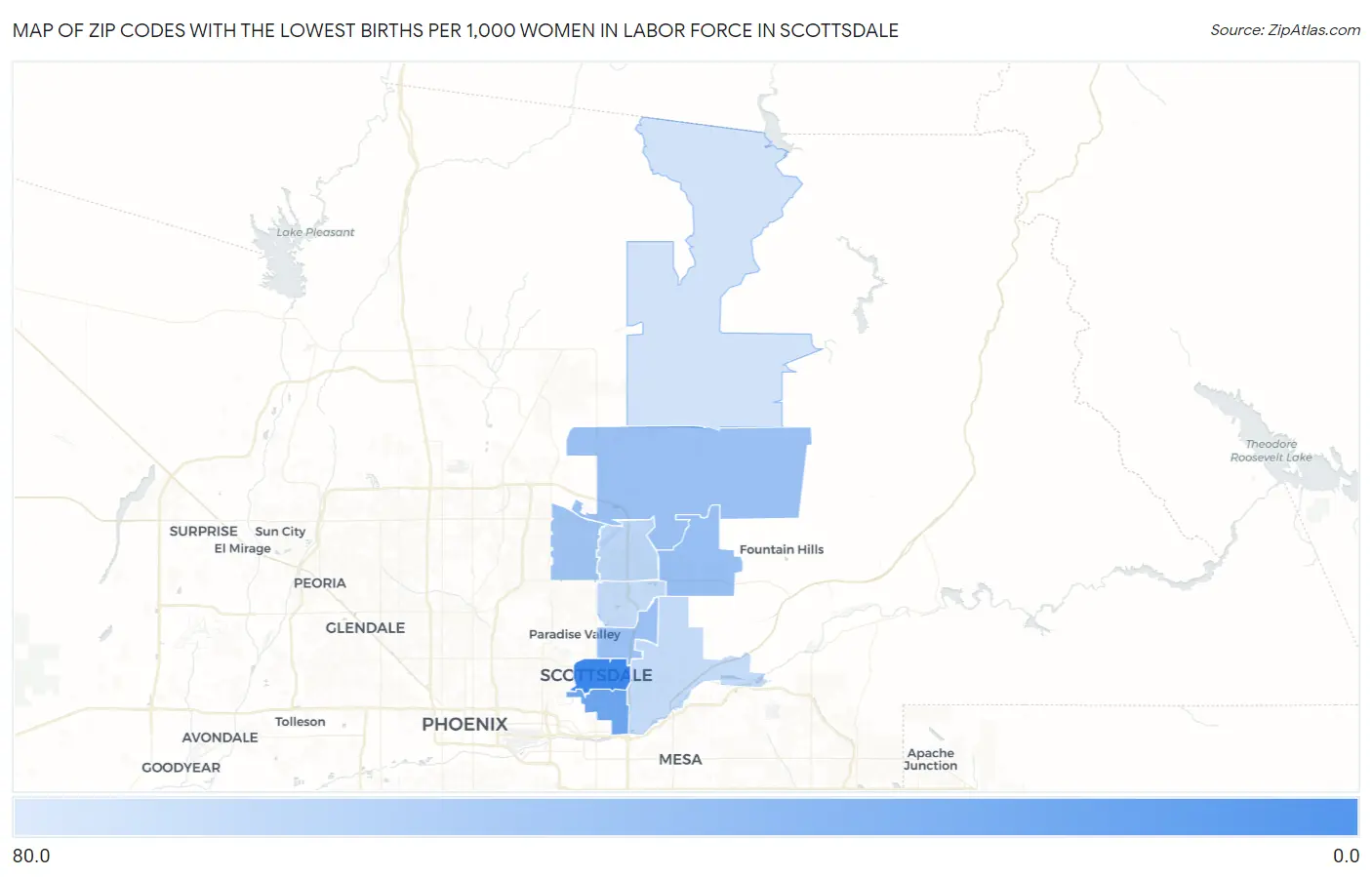 Zip Codes with the Lowest Births per 1,000 Women in Labor Force in Scottsdale Map