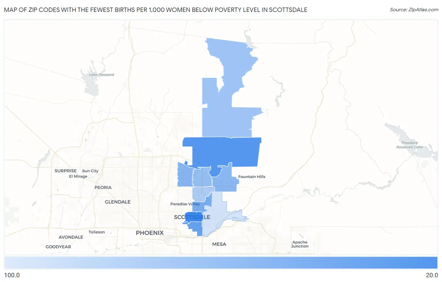 Zip Codes with the Fewest Births per 1,000 Women Below Poverty Level in Scottsdale Map