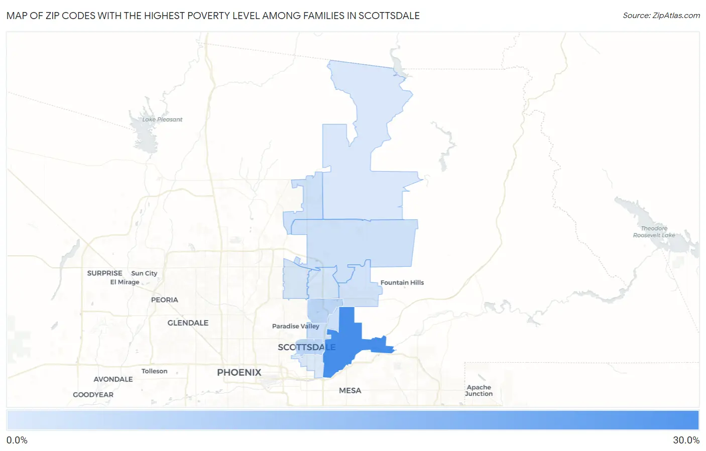 Zip Codes with the Highest Poverty Level Among Families in Scottsdale Map