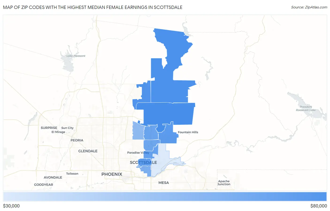 Zip Codes with the Highest Median Female Earnings in Scottsdale Map
