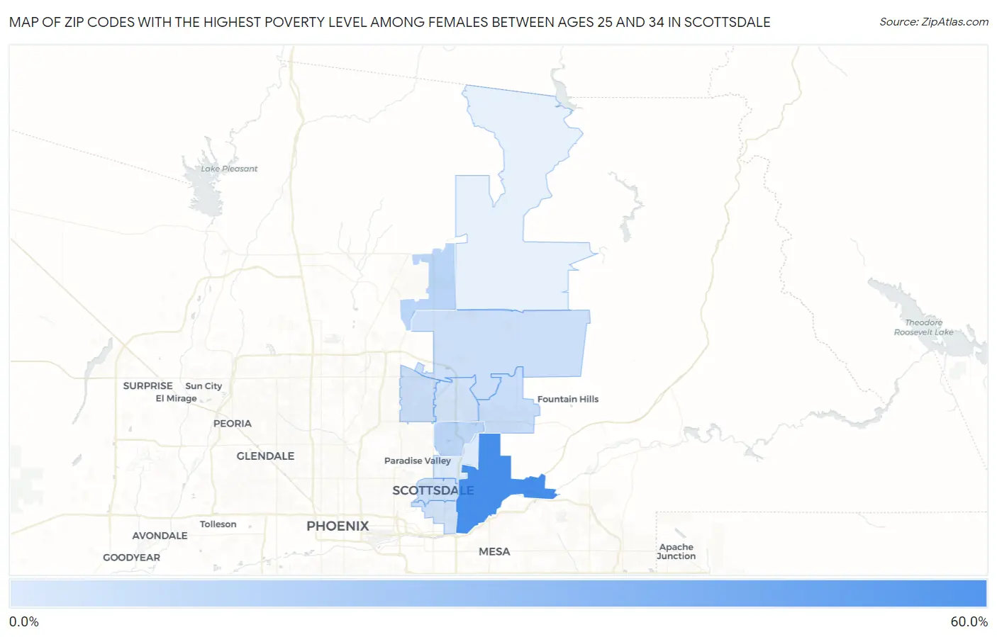 Zip Codes with the Highest Poverty Level Among Females Between Ages 25 and 34 in Scottsdale Map