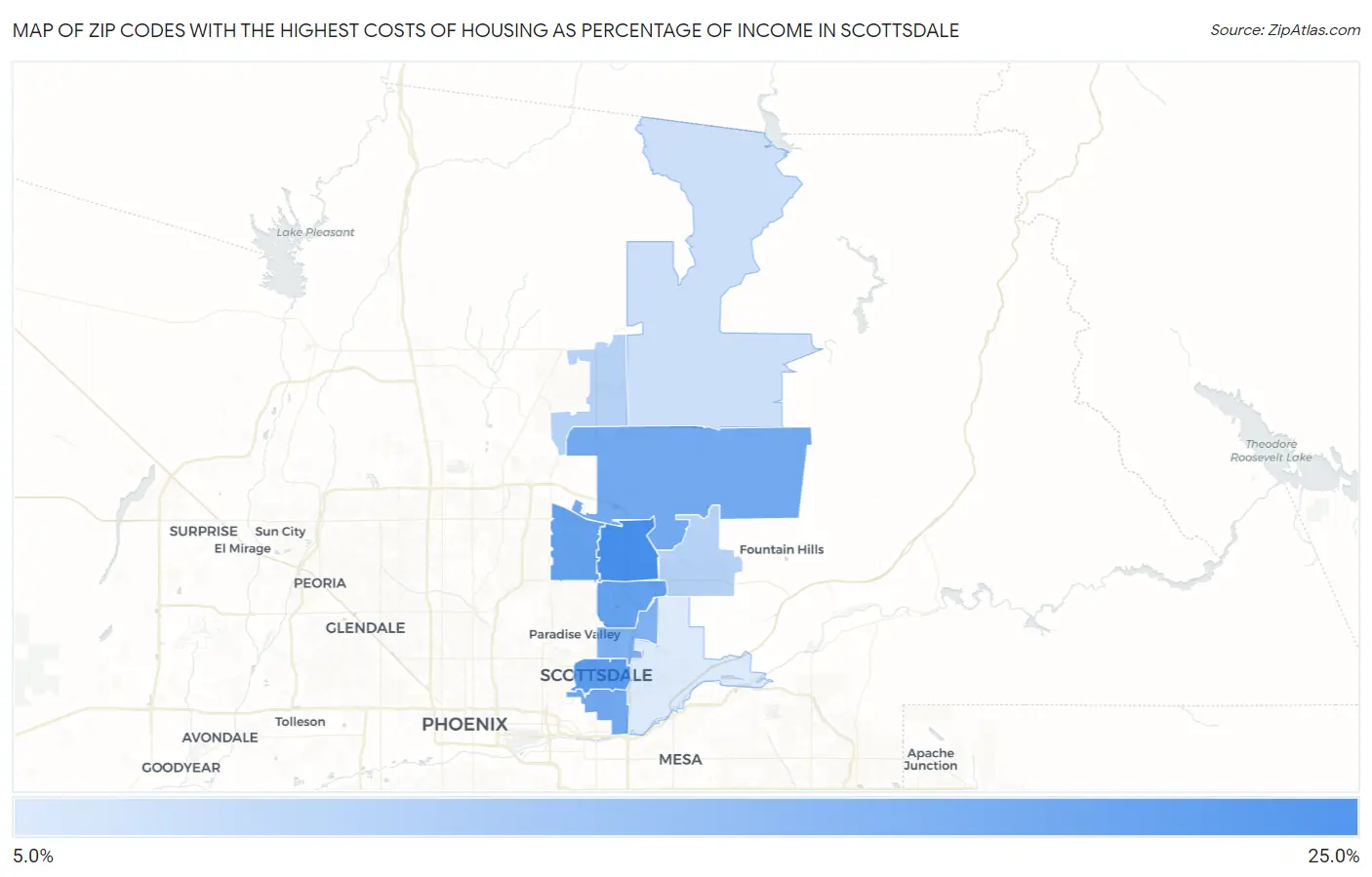 Zip Codes with the Highest Costs of Housing as Percentage of Income in Scottsdale Map