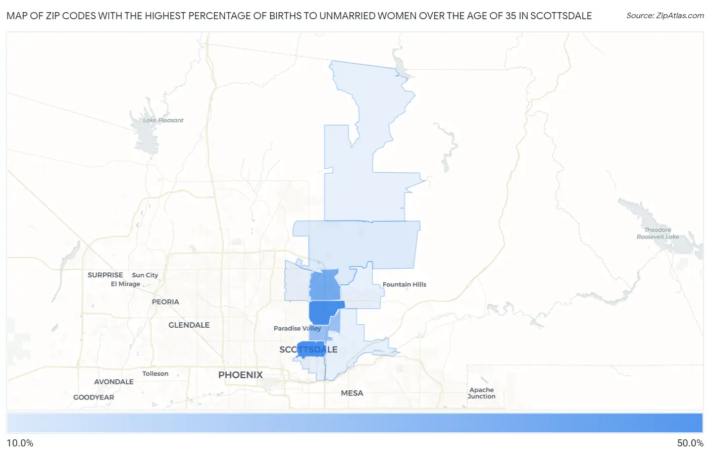 Zip Codes with the Highest Percentage of Births to Unmarried Women over the Age of 35 in Scottsdale Map