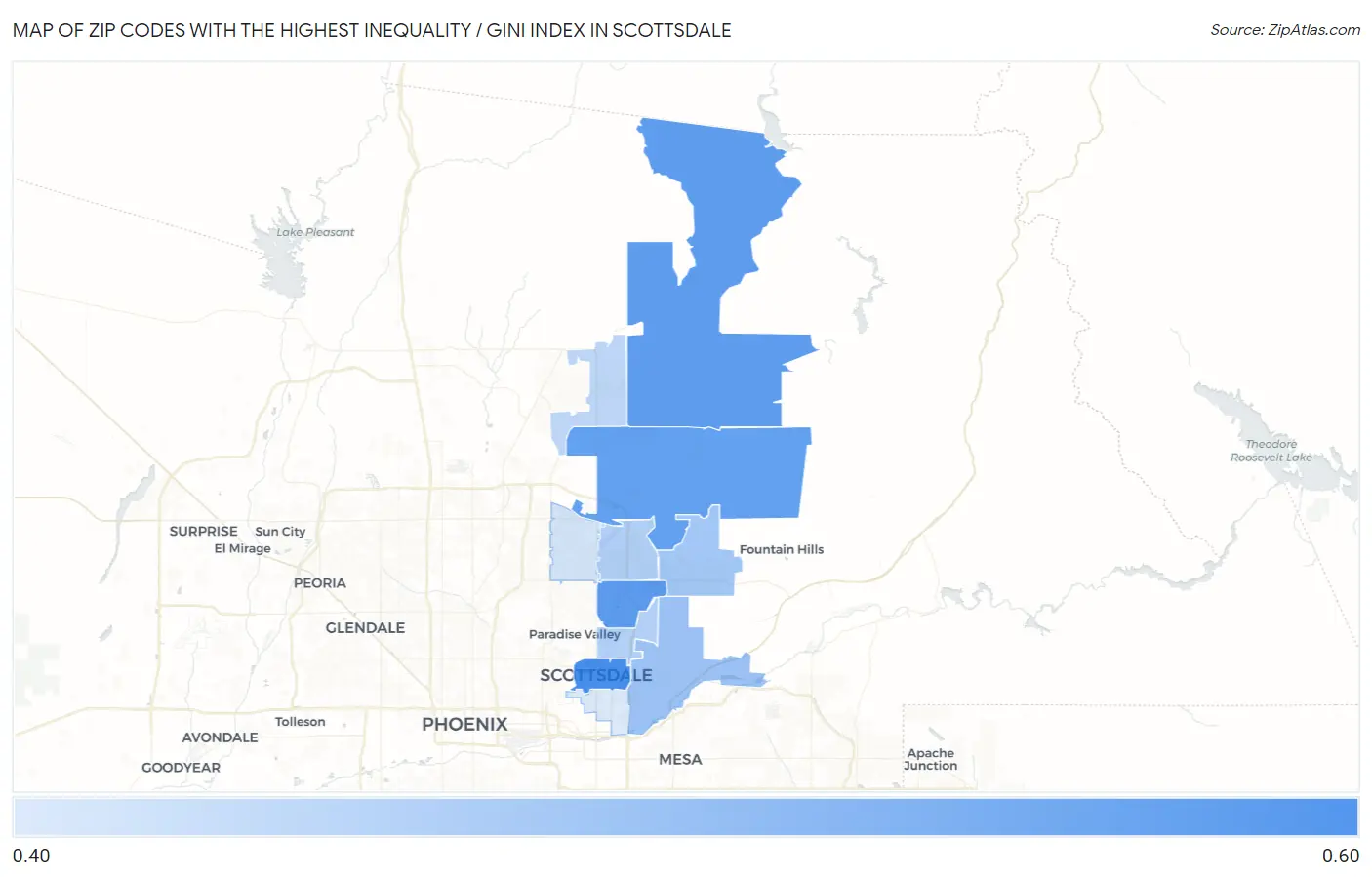 Zip Codes with the Highest Inequality / Gini Index in Scottsdale Map