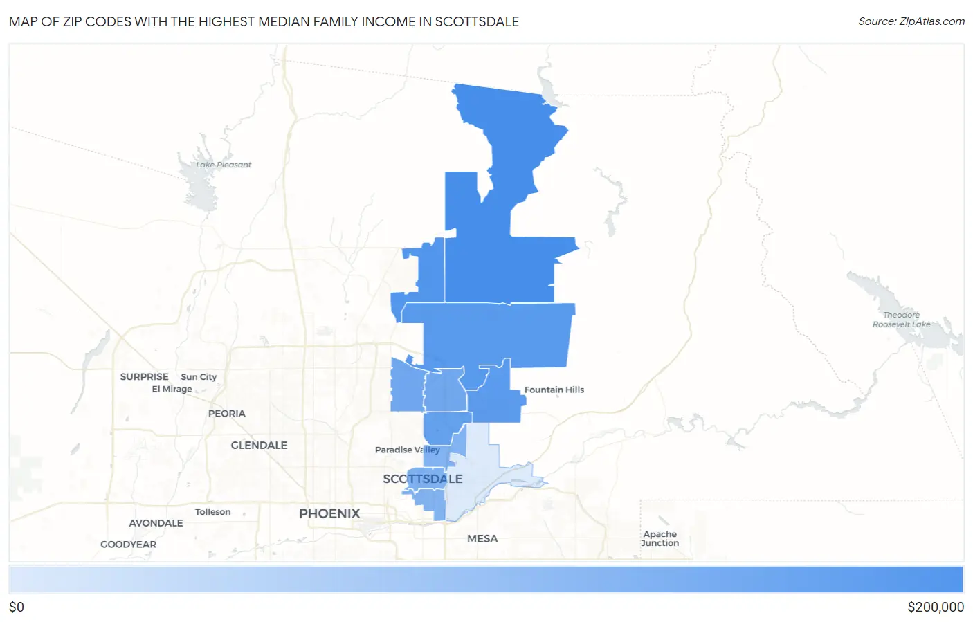 Zip Codes with the Highest Median Family Income in Scottsdale Map