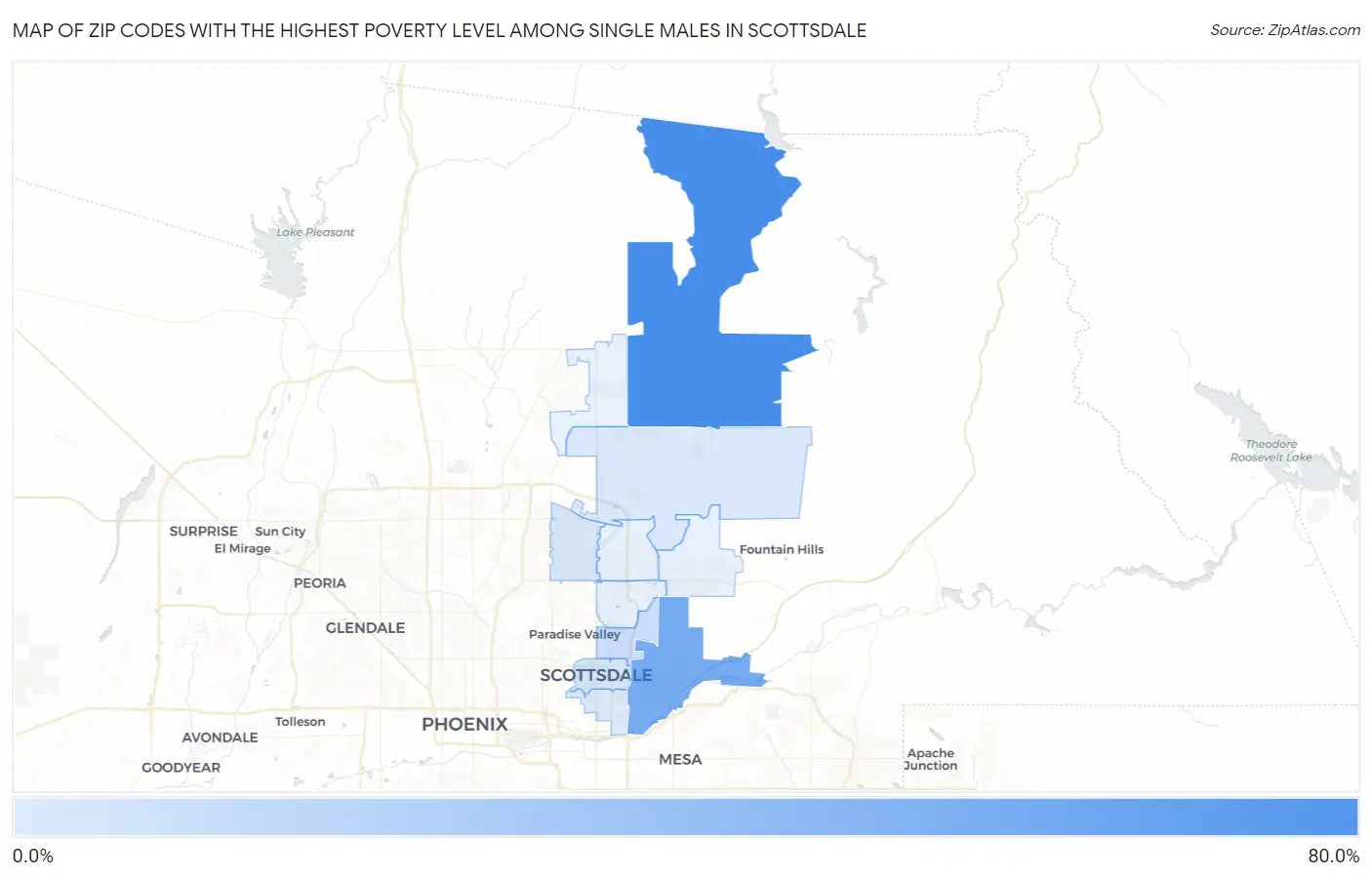 Zip Codes with the Highest Poverty Level Among Single Males in Scottsdale Map