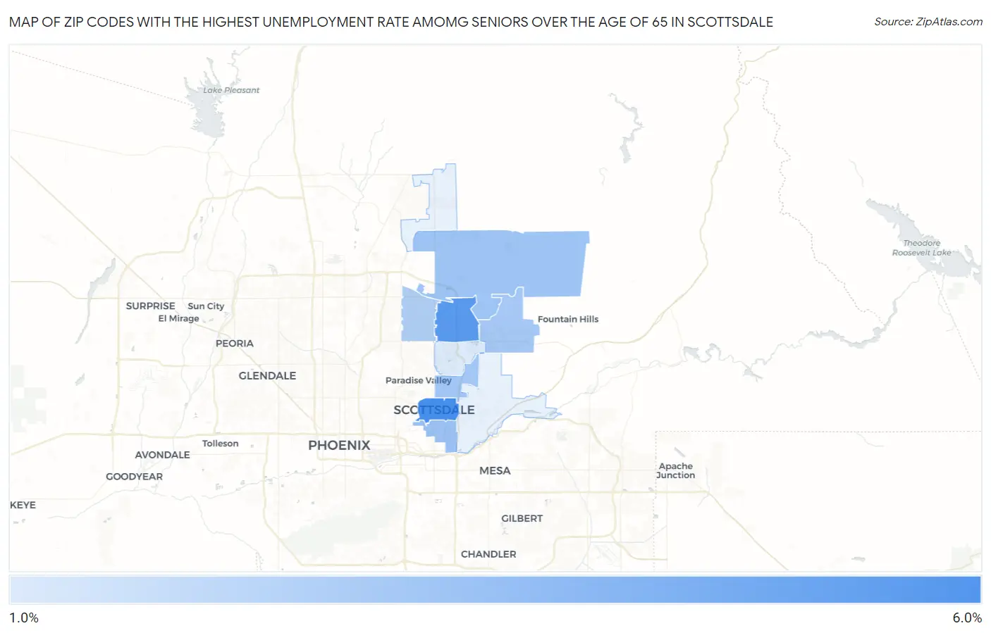 Zip Codes with the Highest Unemployment Rate Amomg Seniors Over the Age of 65 in Scottsdale Map