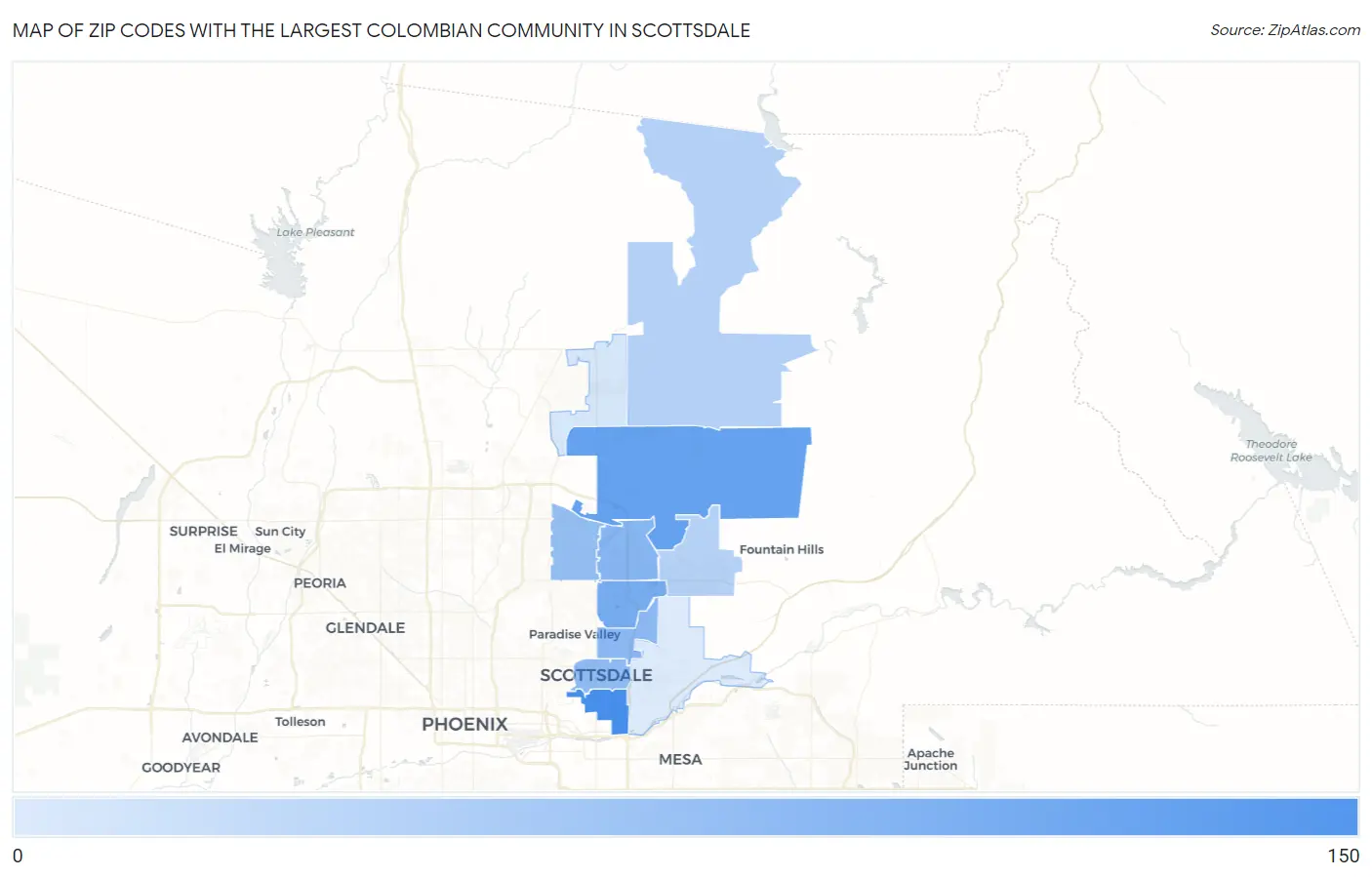 Zip Codes with the Largest Colombian Community in Scottsdale Map