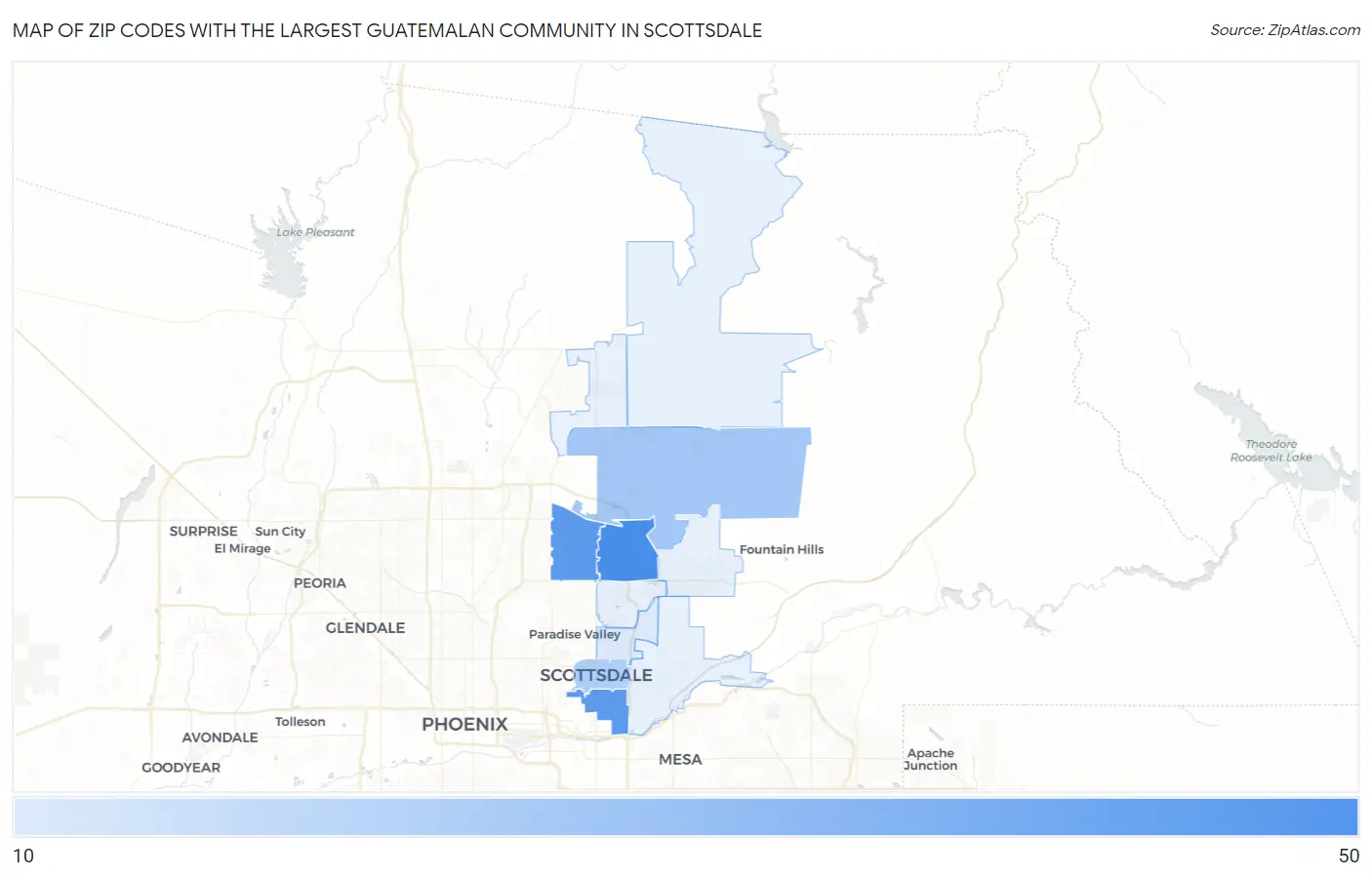 Zip Codes with the Largest Guatemalan Community in Scottsdale Map