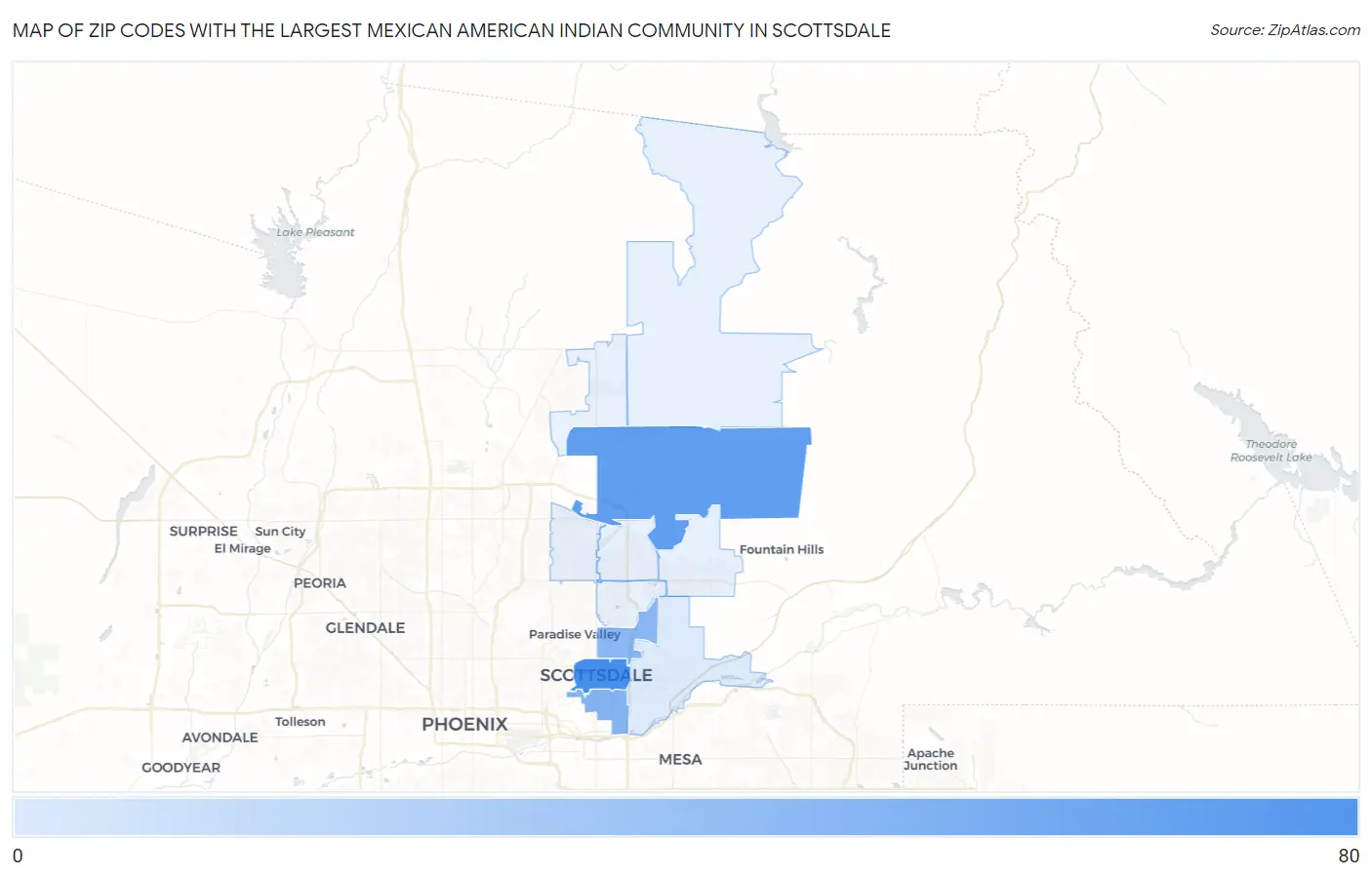 Zip Codes with the Largest Mexican American Indian Community in Scottsdale Map