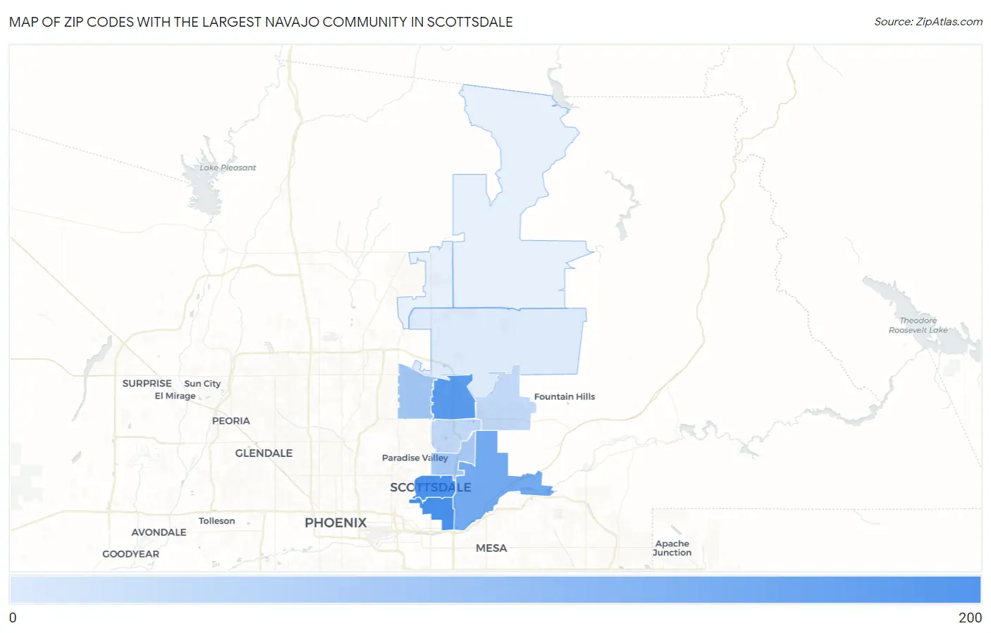 Zip Codes with the Largest Navajo Community in Scottsdale Map