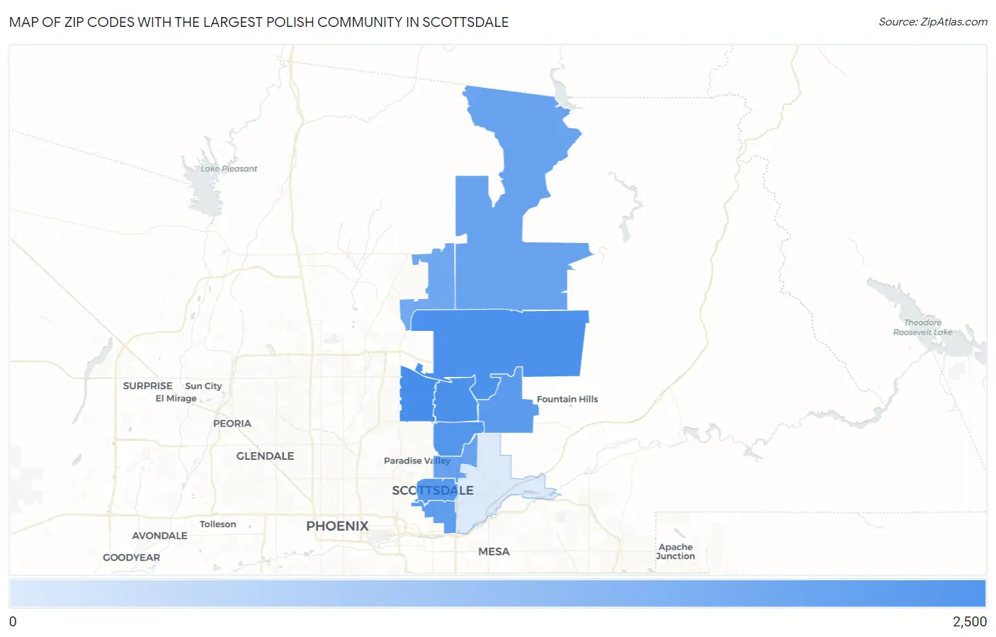 Zip Codes with the Largest Polish Community in Scottsdale Map