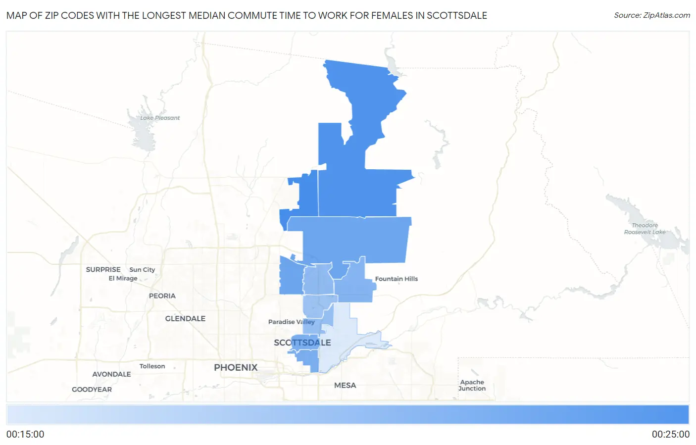 Zip Codes with the Longest Median Commute Time to Work for Females in Scottsdale Map