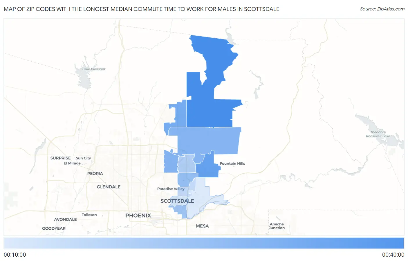 Zip Codes with the Longest Median Commute Time to Work for Males in Scottsdale Map