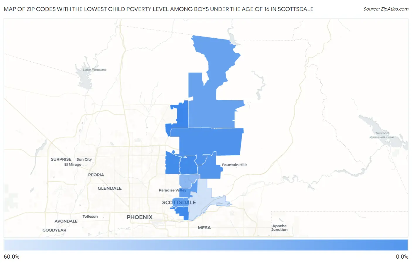 Zip Codes with the Lowest Child Poverty Level Among Boys Under the Age of 16 in Scottsdale Map
