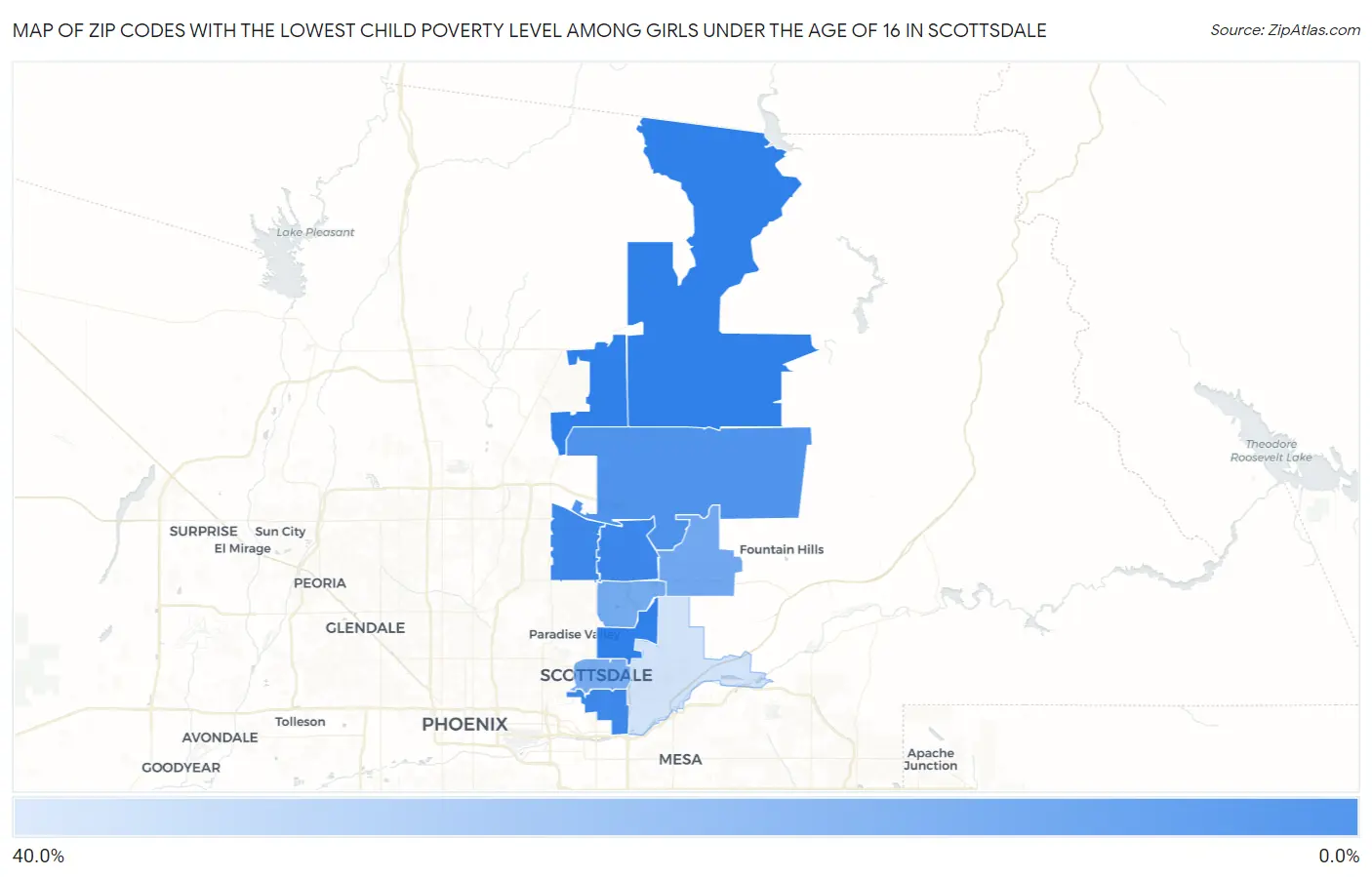 Zip Codes with the Lowest Child Poverty Level Among Girls Under the Age of 16 in Scottsdale Map