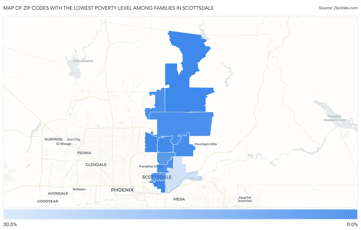 Zip Codes with the Lowest Poverty Level Among Families in Scottsdale Map