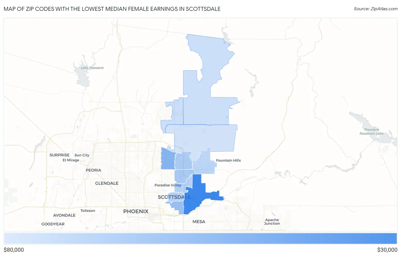 Zip Codes with the Lowest Median Female Earnings in Scottsdale Map