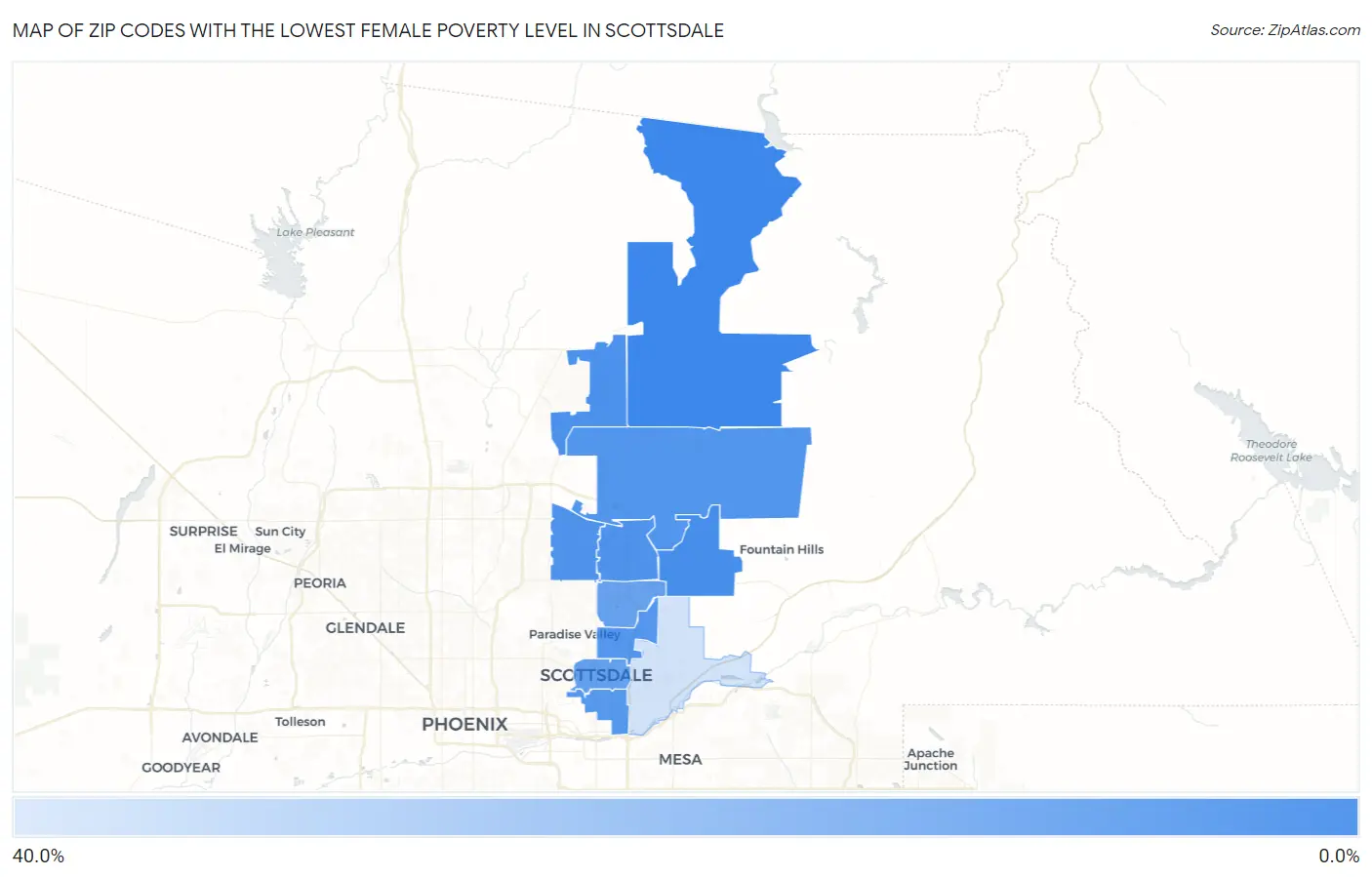 Zip Codes with the Lowest Female Poverty Level in Scottsdale Map