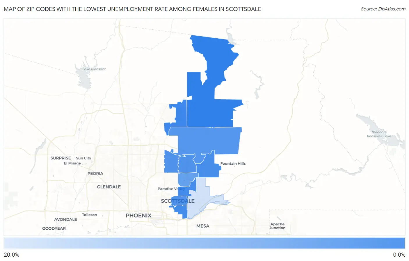 Zip Codes with the Lowest Unemployment Rate Among Females in Scottsdale Map