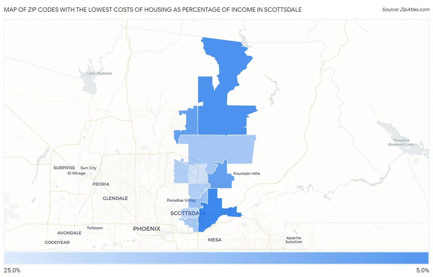 Zip Codes with the Lowest Costs of Housing as Percentage of Income in Scottsdale Map