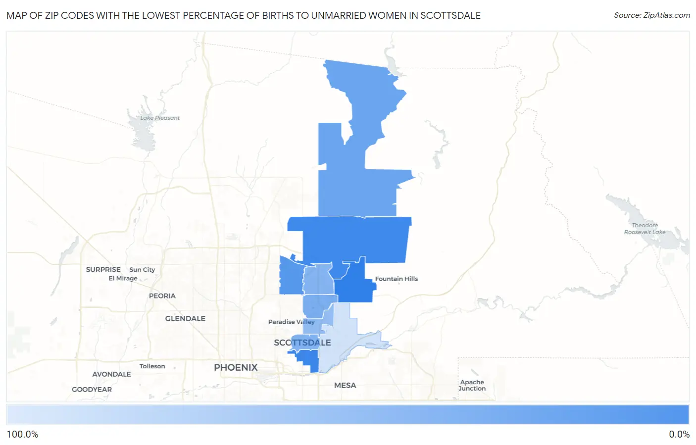 Zip Codes with the Lowest Percentage of Births to Unmarried Women in Scottsdale Map