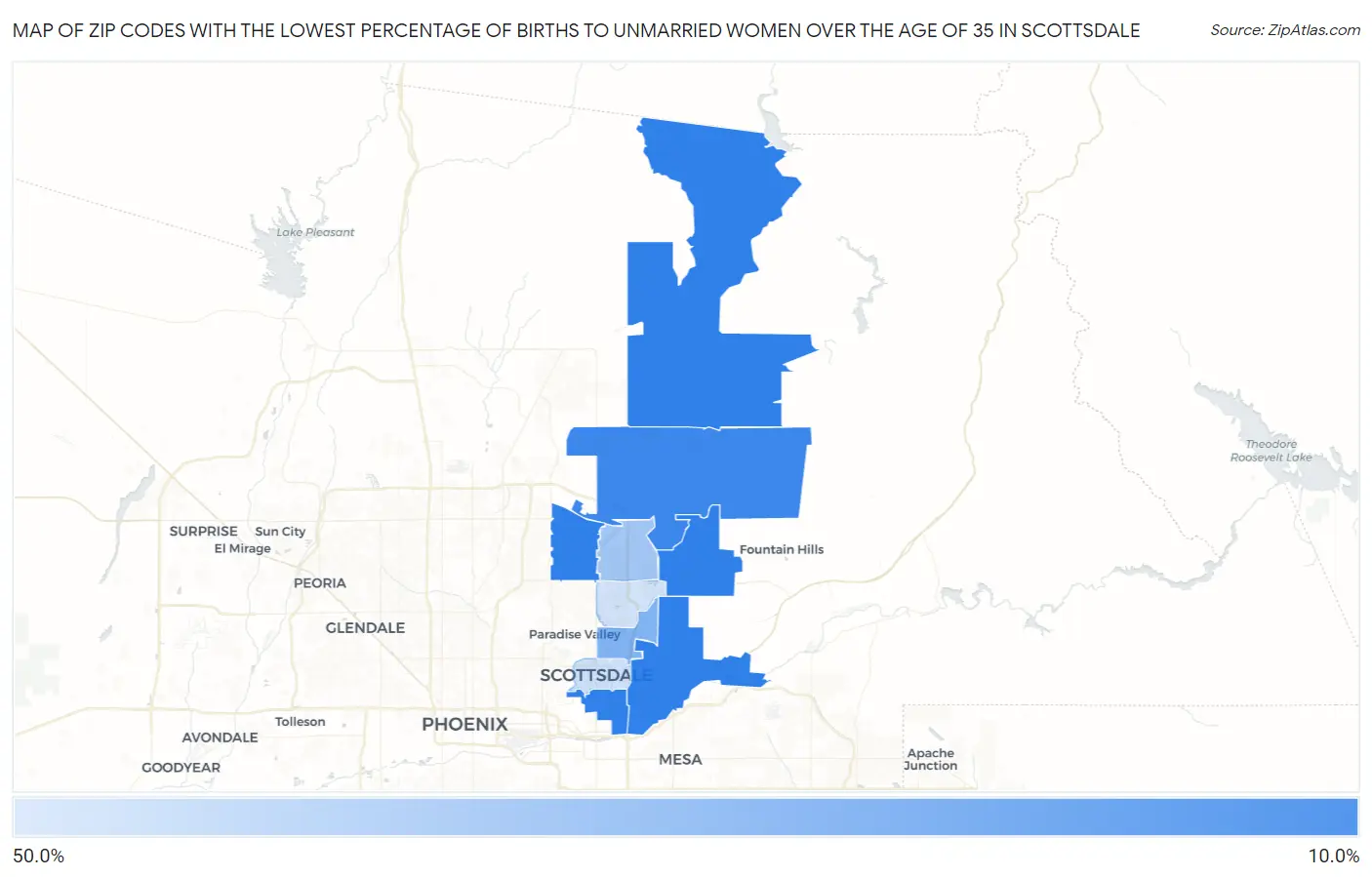 Zip Codes with the Lowest Percentage of Births to Unmarried Women over the Age of 35 in Scottsdale Map