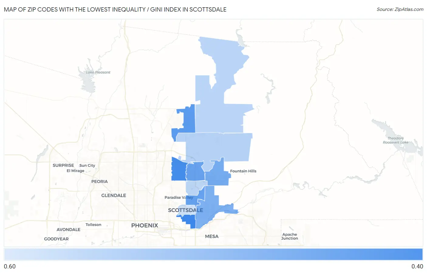 Zip Codes with the Lowest Inequality / Gini Index in Scottsdale Map