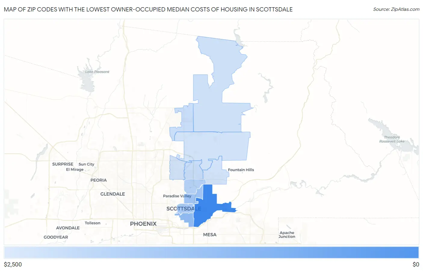Zip Codes with the Lowest Owner-Occupied Median Costs of Housing in Scottsdale Map