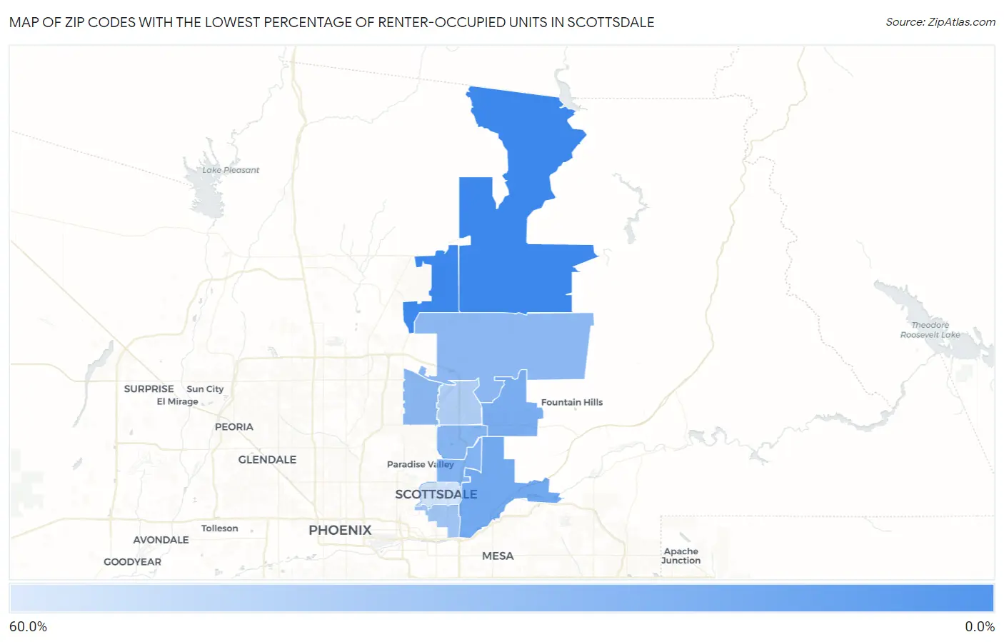 Zip Codes with the Lowest Percentage of Renter-Occupied Units in Scottsdale Map