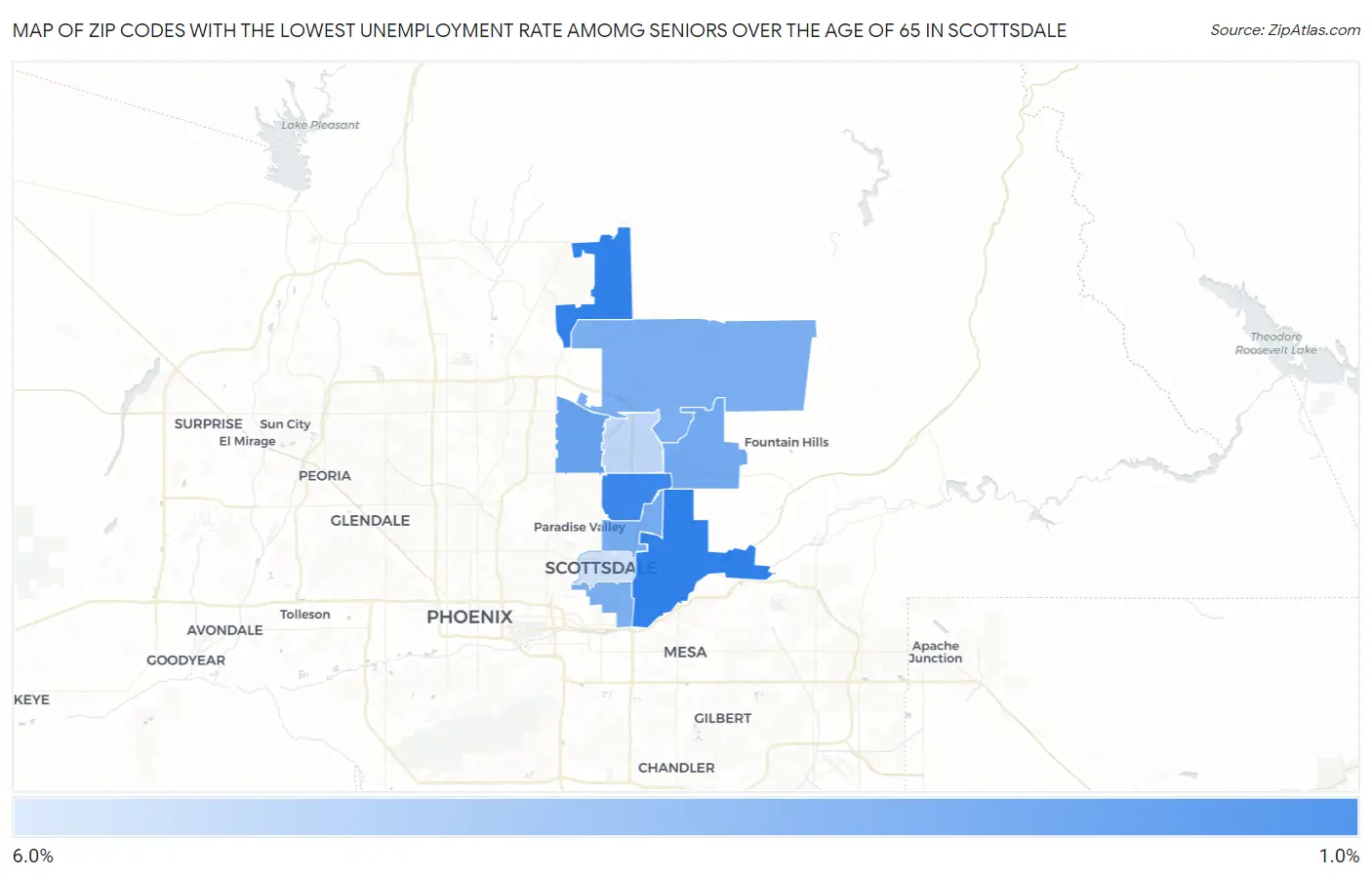 Zip Codes with the Lowest Unemployment Rate Amomg Seniors Over the Age of 65 in Scottsdale Map