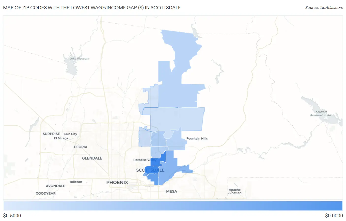 Zip Codes with the Lowest Wage/Income Gap ($) in Scottsdale Map