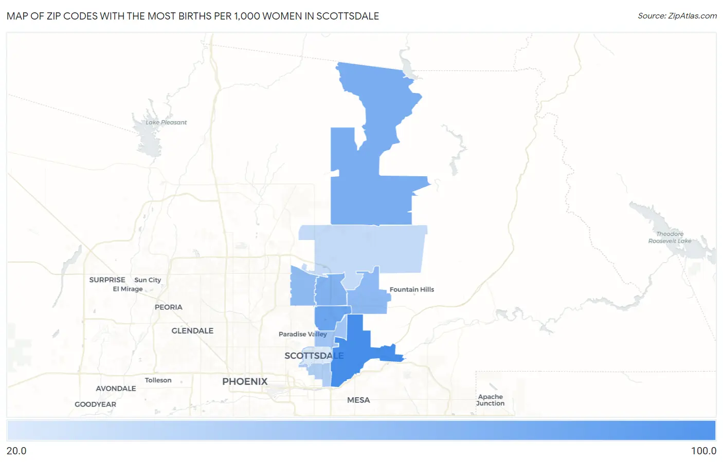 Zip Codes with the Most Births per 1,000 Women in Scottsdale Map