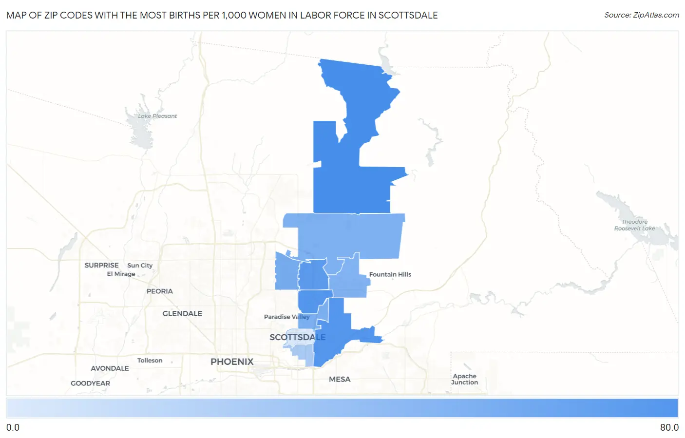 Zip Codes with the Most Births per 1,000 Women in Labor Force in Scottsdale Map