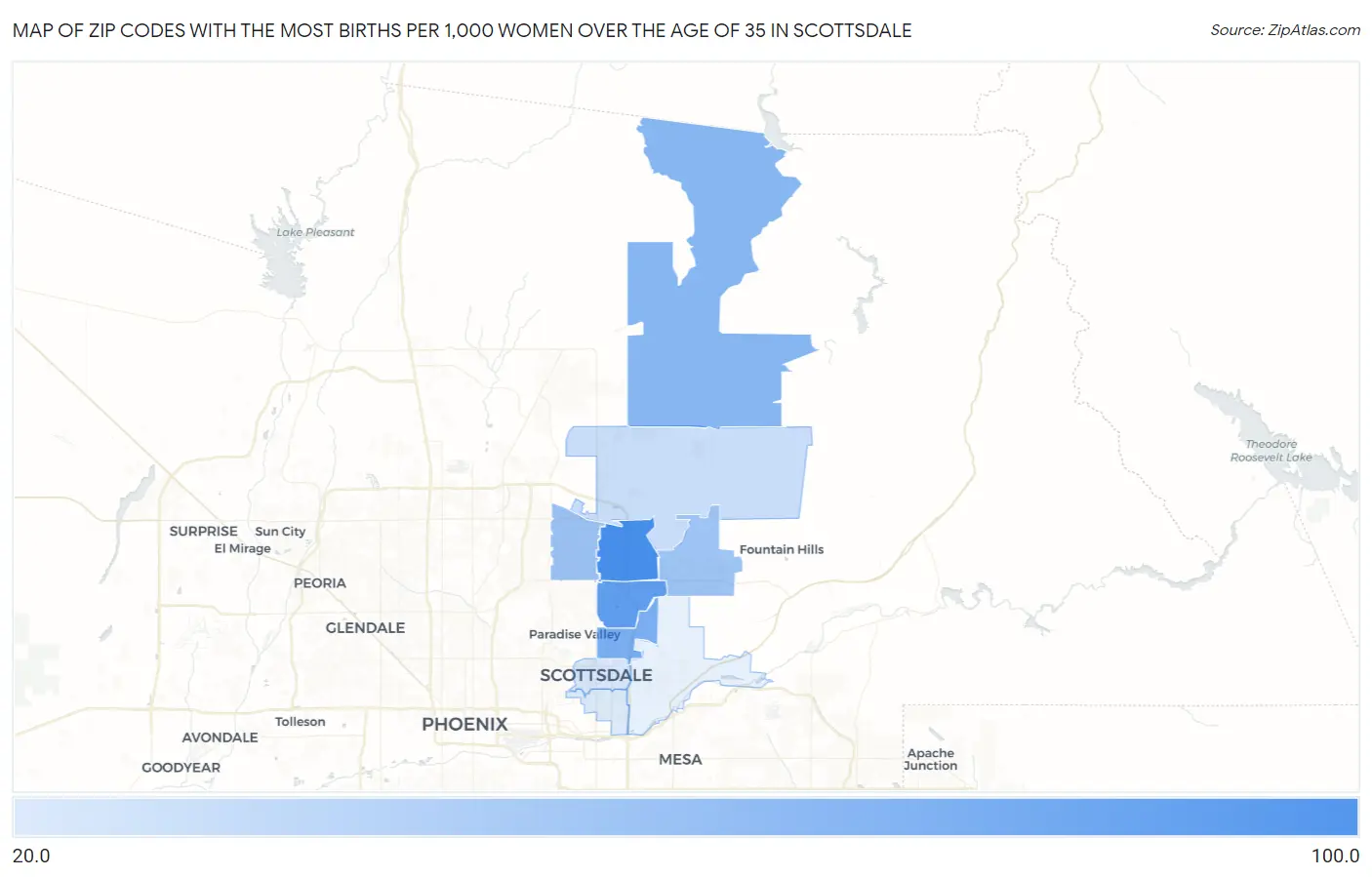 Zip Codes with the Most Births per 1,000 Women Over the Age of 35 in Scottsdale Map