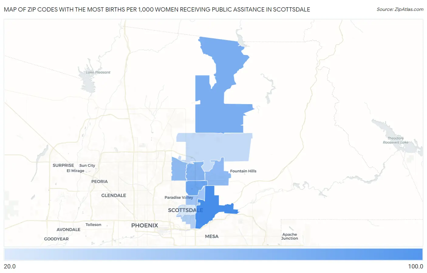 Zip Codes with the Most Births per 1,000 Women Receiving Public Assitance in Scottsdale Map