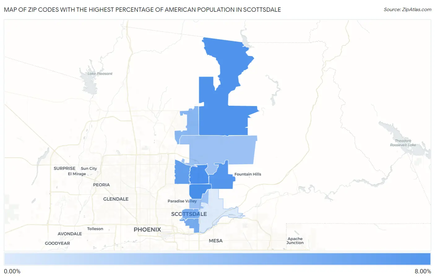 Zip Codes with the Highest Percentage of American Population in Scottsdale Map