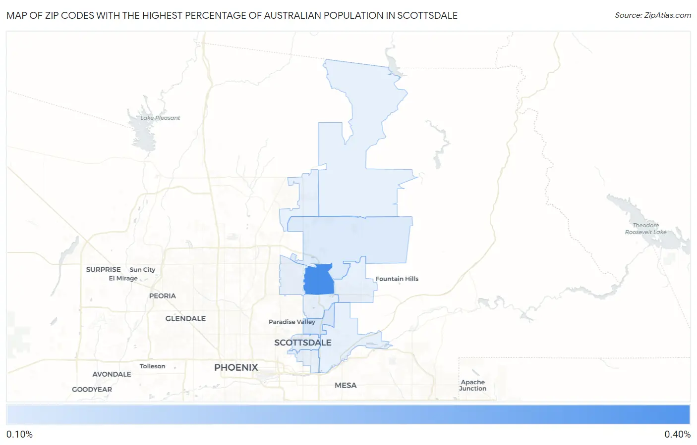 Zip Codes with the Highest Percentage of Australian Population in Scottsdale Map