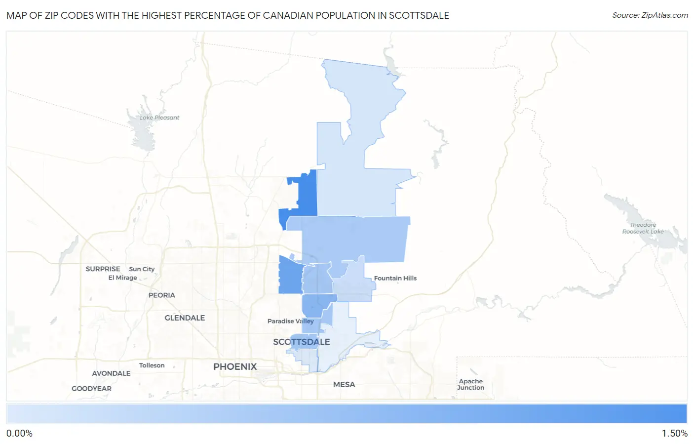 Zip Codes with the Highest Percentage of Canadian Population in Scottsdale Map
