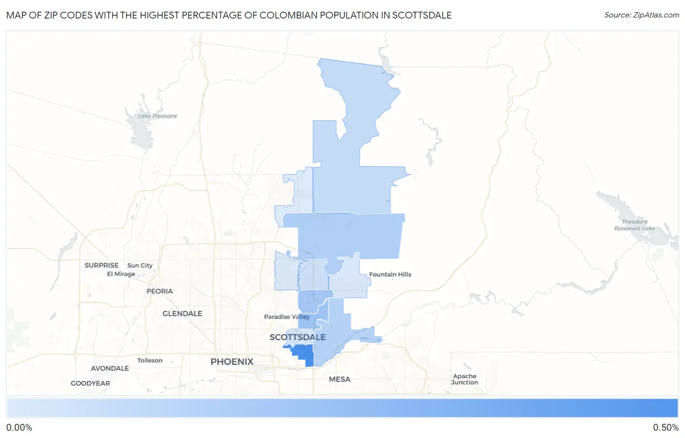 Zip Codes with the Highest Percentage of Colombian Population in Scottsdale Map