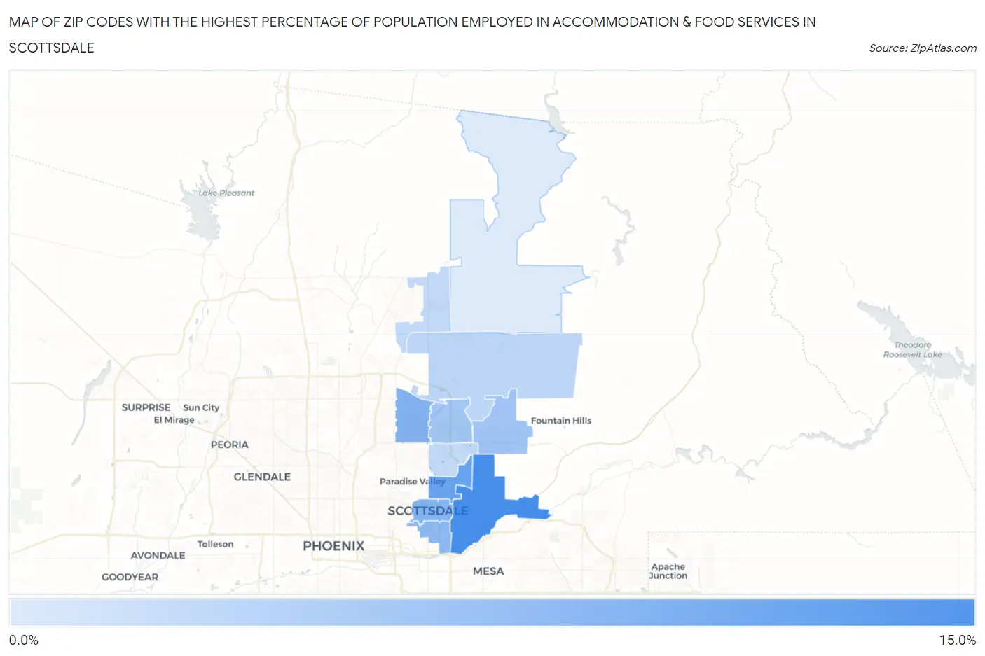 Zip Codes with the Highest Percentage of Population Employed in Accommodation & Food Services in Scottsdale Map