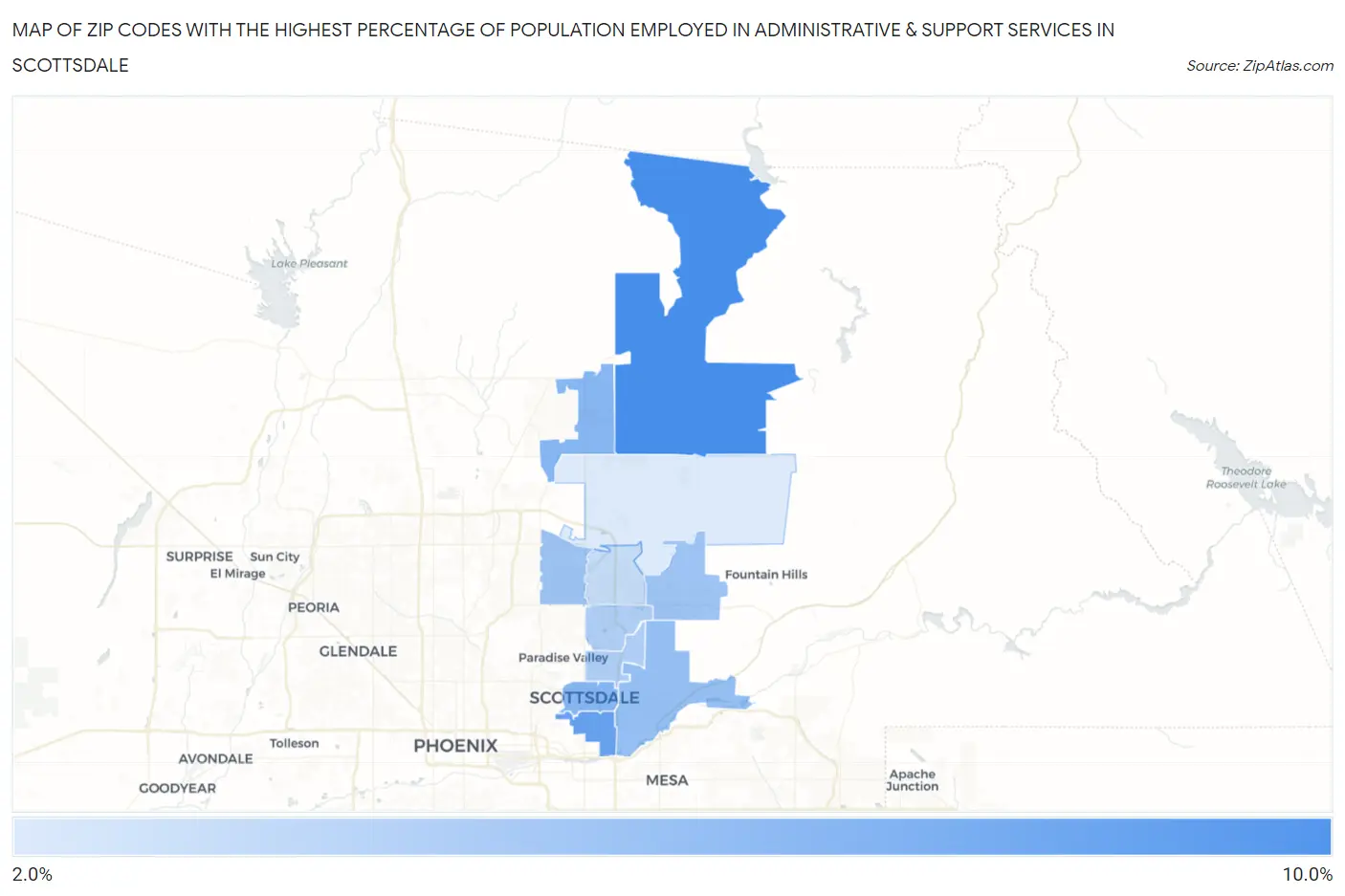 Zip Codes with the Highest Percentage of Population Employed in Administrative & Support Services in Scottsdale Map
