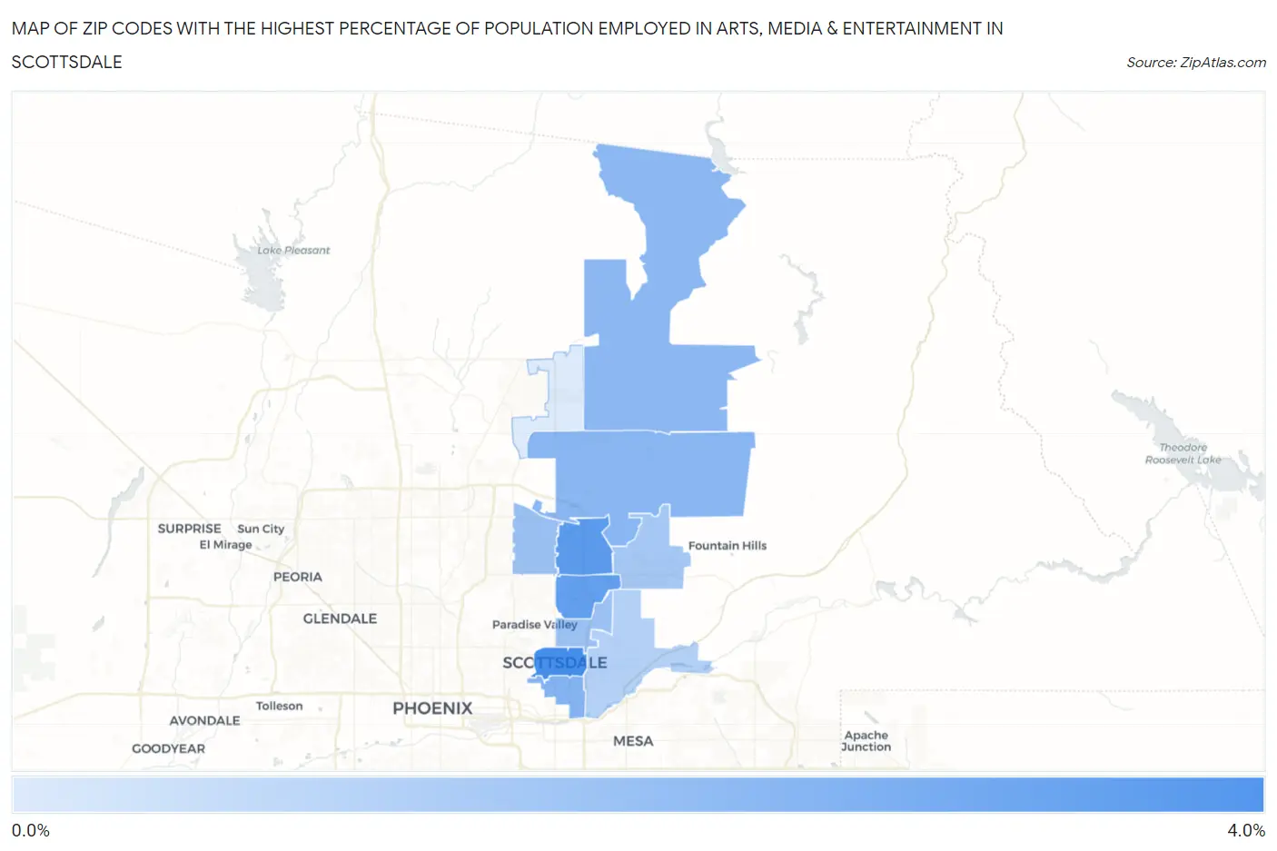 Zip Codes with the Highest Percentage of Population Employed in Arts, Media & Entertainment in Scottsdale Map