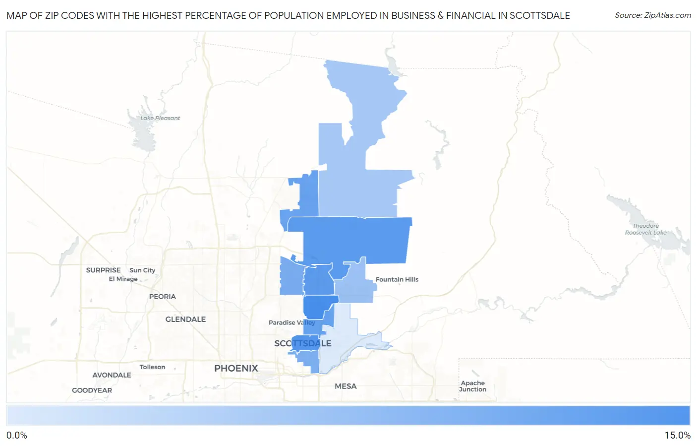 Zip Codes with the Highest Percentage of Population Employed in Business & Financial in Scottsdale Map