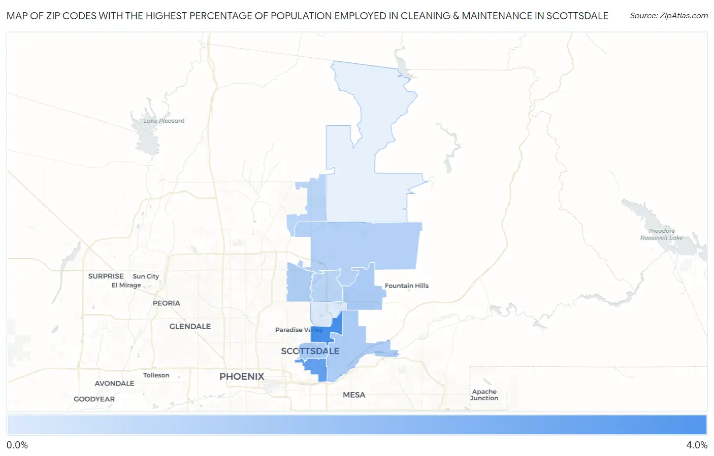 Zip Codes with the Highest Percentage of Population Employed in Cleaning & Maintenance in Scottsdale Map